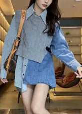 Camisas de algodón a rayas con patchwork de mezclilla y bloques de color